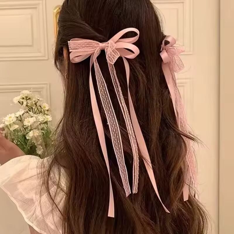 2pcs Korean Lace Bow Hair Clip Trend Long Ribbon Hairpins Barrettes Headband for Women Girl Hair Accessories Wedding Jewelry
