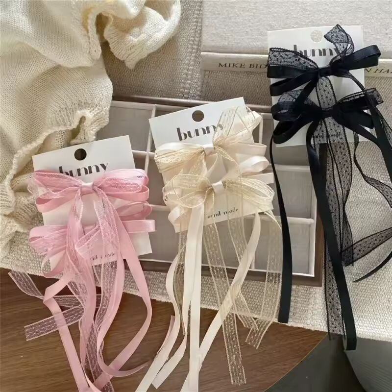 2pcs Korean Lace Bow Hair Clip Trend Long Ribbon Hairpins Barrettes Headband for Women Girl Hair Accessories Wedding Jewelry